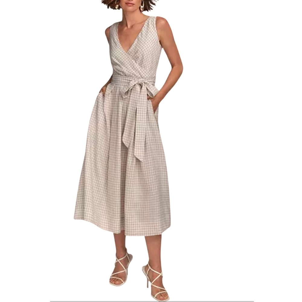 Donna Karan New York Sleeveless V Neck Gingham Linen Midi Dress Size 8